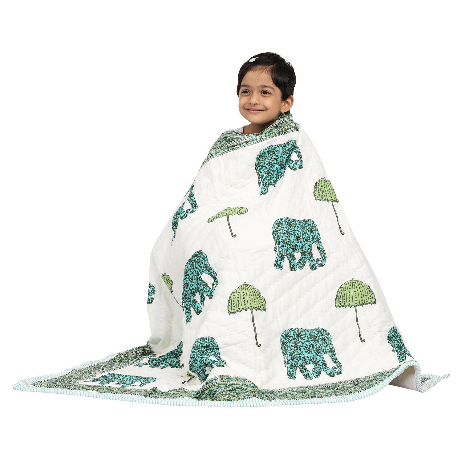 Kids Quilt/Blanket - Organic Cotton - Baby, Infants, Toddlers, Preschoolers, Children - Soft Warm Handmade - Elephants & Umbrellas
