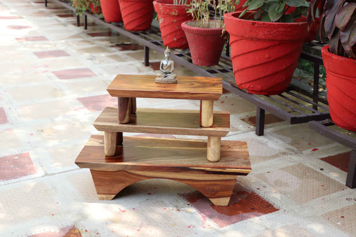 Wooden Prayer/Pooja Table, Altar Table, Meditation & Prayer Shrine, Buddhist Altar, Japanese Table, Zen Altar - Made in India (Layered)