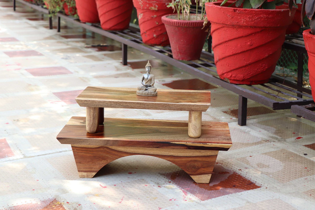 Wooden Prayer/Pooja Table, Altar Table, Meditation & Prayer Shrine, Buddhist Altar, Japanese Table, Zen Altar - Made in India (Layered)