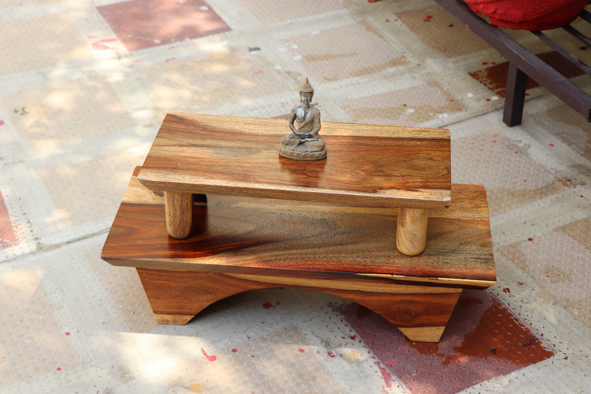 Wooden Prayer/Pooja Table, Altar Table, Meditation & Prayer Shrine, Buddhist Altar, Japanese Table, Zen Altar - Made in India (Layered)