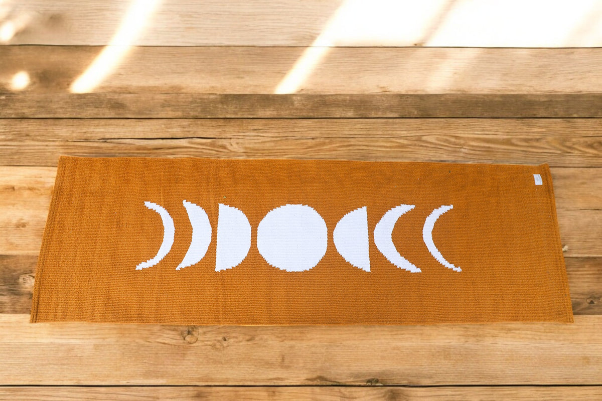 Moon Light Organic Cotton Yoga Mat | Handwoven, Anti-Skid Option | Celestial Moon Phases, Mustard or Black | Eco-Friendly & Gift Ready