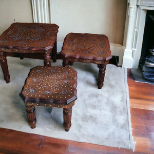 Side Table, Wooden Stool, Corner Stool, Antique Finish Wooden Table (Handcrafted, Modular, Foldable) - Available as: Individual/ Table Sets