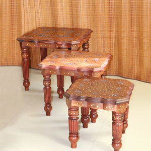 Side Table, Wooden Stool, Corner Stool, Antique Finish Wooden Table (Handcrafted, Modular, Foldable) - Available as: Individual/ Table Sets