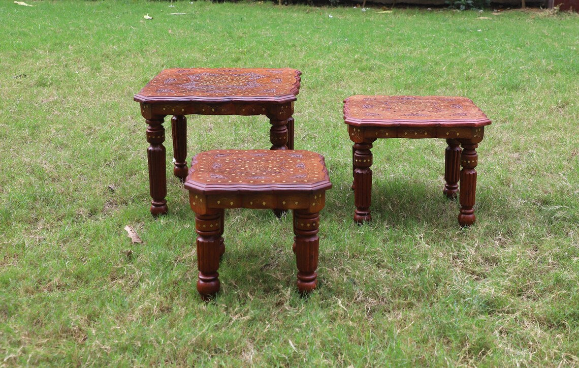 Side Table, Wooden Stool, Corner Stool, Antique Finish Wooden Table (Handcrafted, Modular, Foldable) - Available as: Individual/ Table Sets