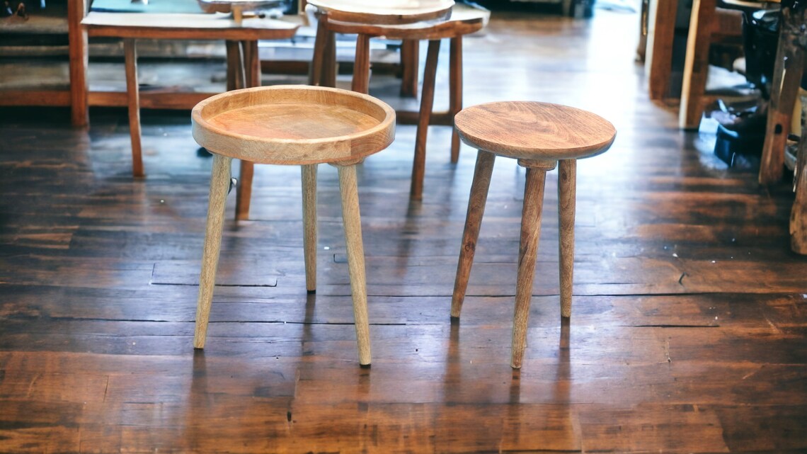 Wooden Stool, Three legged, Tripod Stool - Multipurpose, Round Top, Vintage Finish, Handmade with Reclaimed Mango Wood