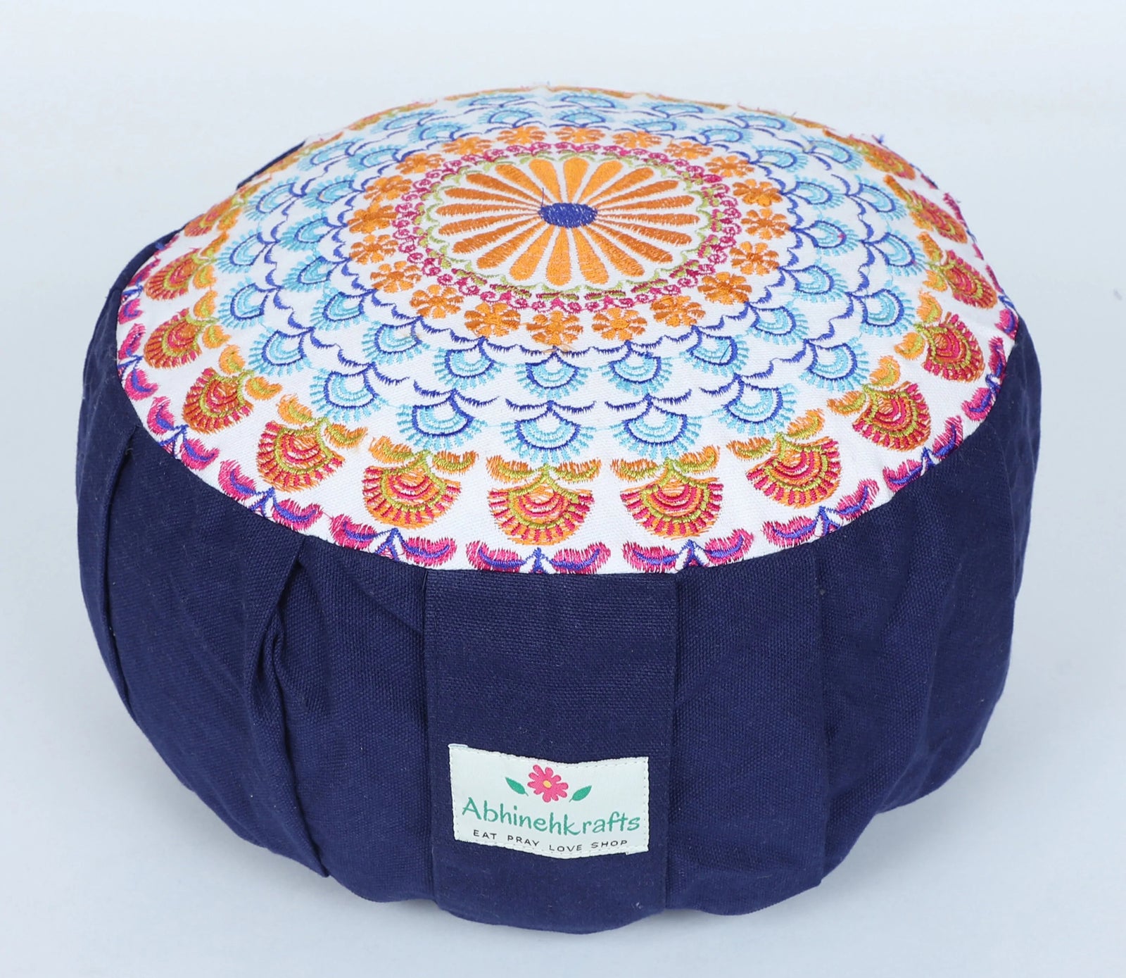 Embroidered Round Portable Meditation Cushion, Zafu Yoga Pillow - Parvati
