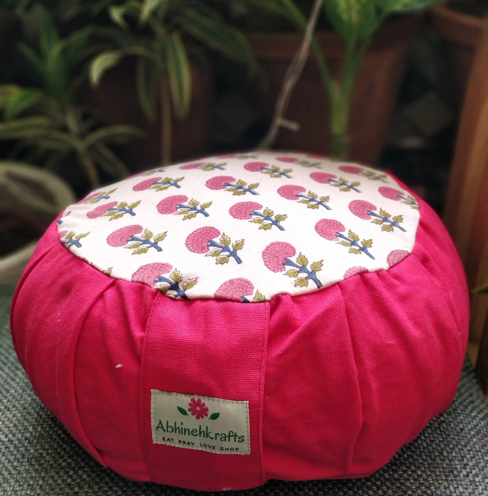 Handwoven Rondo Yoga Meditation Cushion, Zafu Yoga Pillow - Floral Mughal