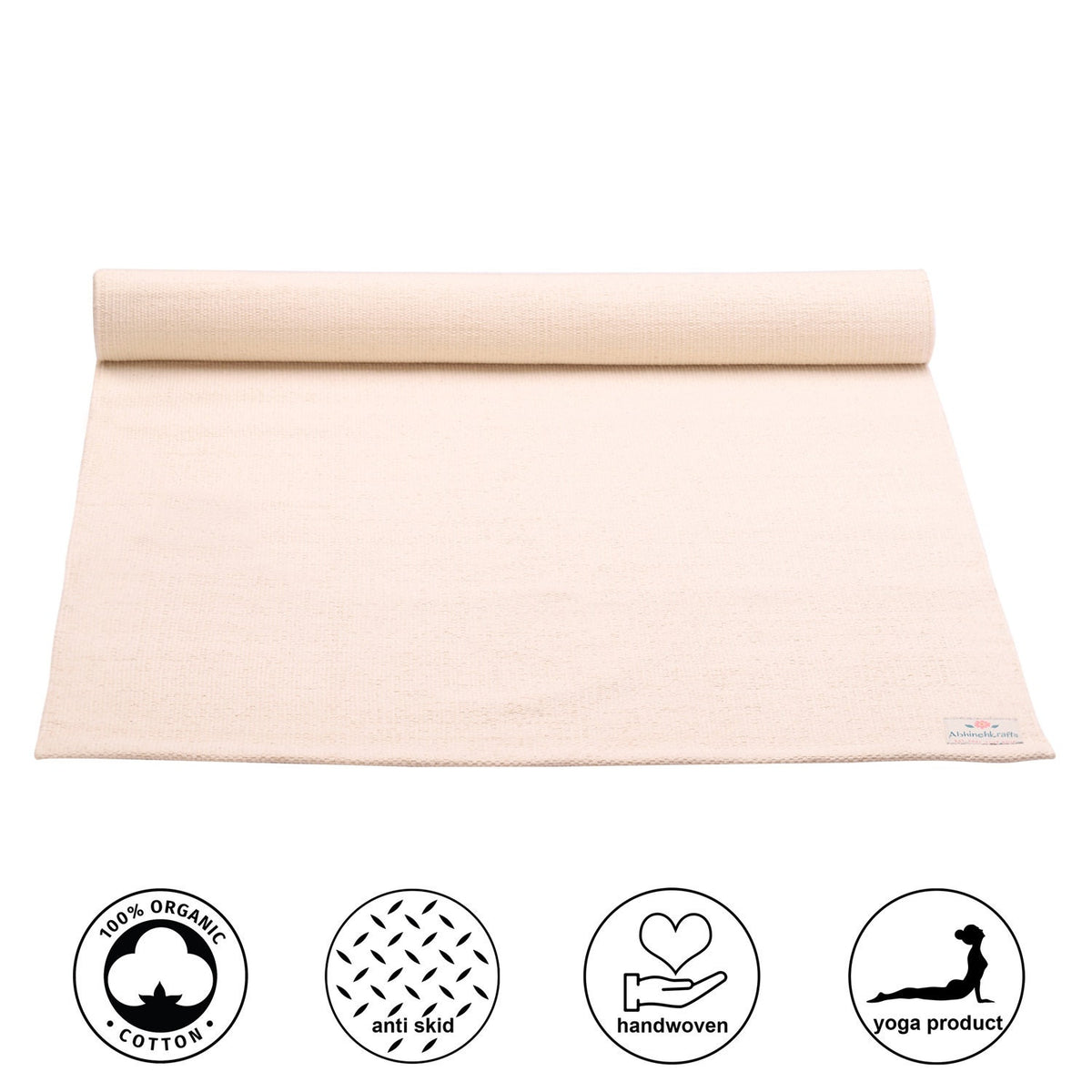 Organic cotton mat for Yoga, Pilates, Fitness, and Meditation - Natural Color (White) - Option to choose a natural rubber back finish - 3mm