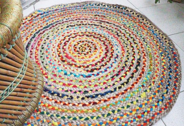 Rug/Mat/Dhurrie - Bohemian Colorful Cotton and Jute Area Round Chindi Rug/ Floor Mat/ Living Room Carpet/ Meditation Mat - Vintage, Boho