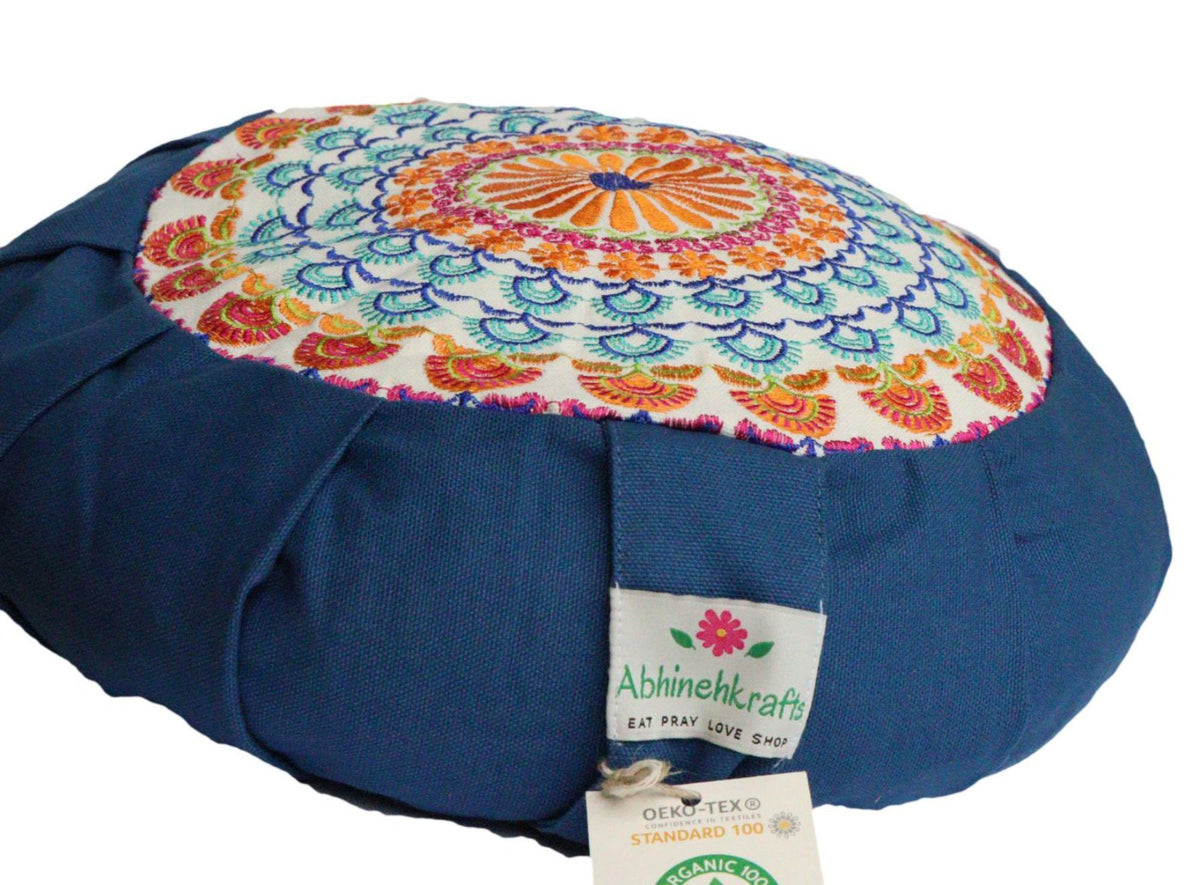 Embroidered Round Zafu Yoga Pillow |Zipped Cover |Washable| Portable - Steel Blue