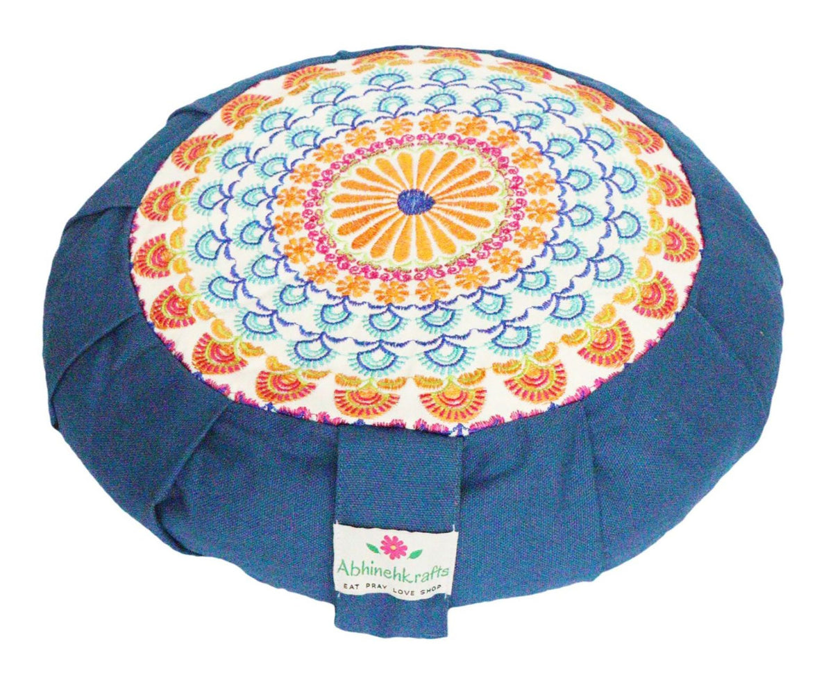 Embroidered Round Zafu Yoga Pillow |Zipped Cover |Washable| Portable - Steel Blue