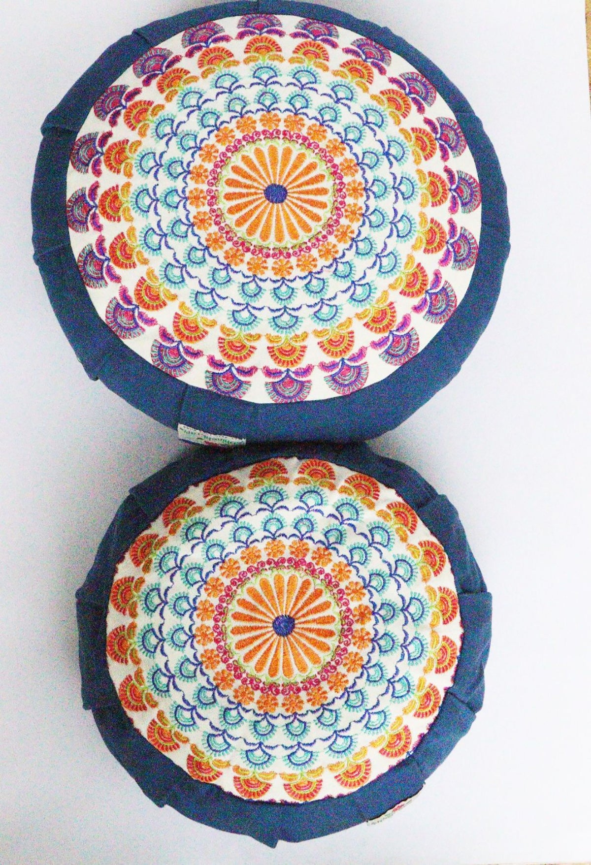 Embroidered Round Zafu Yoga Pillow |Zipped Cover |Washable| Portable - Steel Blue