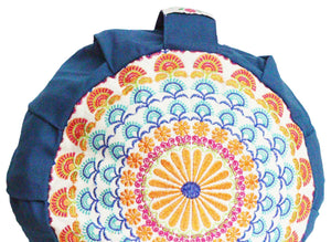Embroidered Round Zafu Yoga Pillow |Zipped Cover |Washable| Portable - Steel Blue
