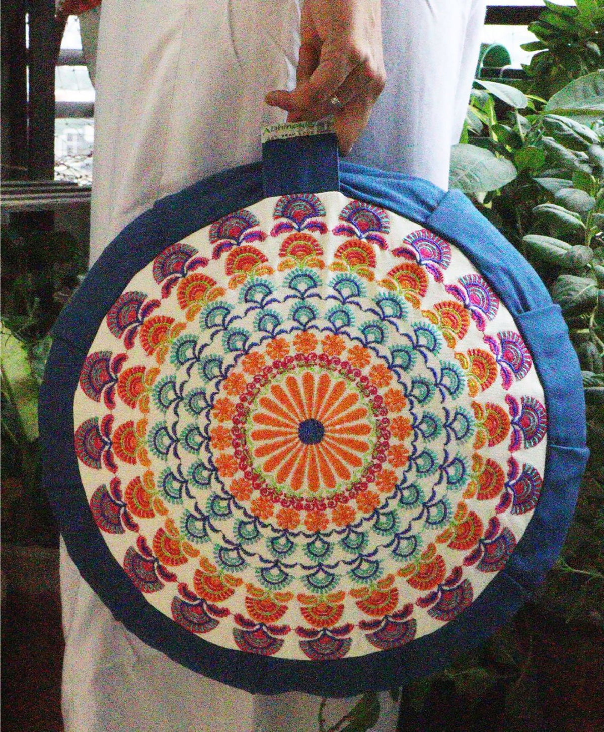 Embroidered Round Zafu Yoga Pillow |Zipped Cover |Washable| Portable - Steel Blue