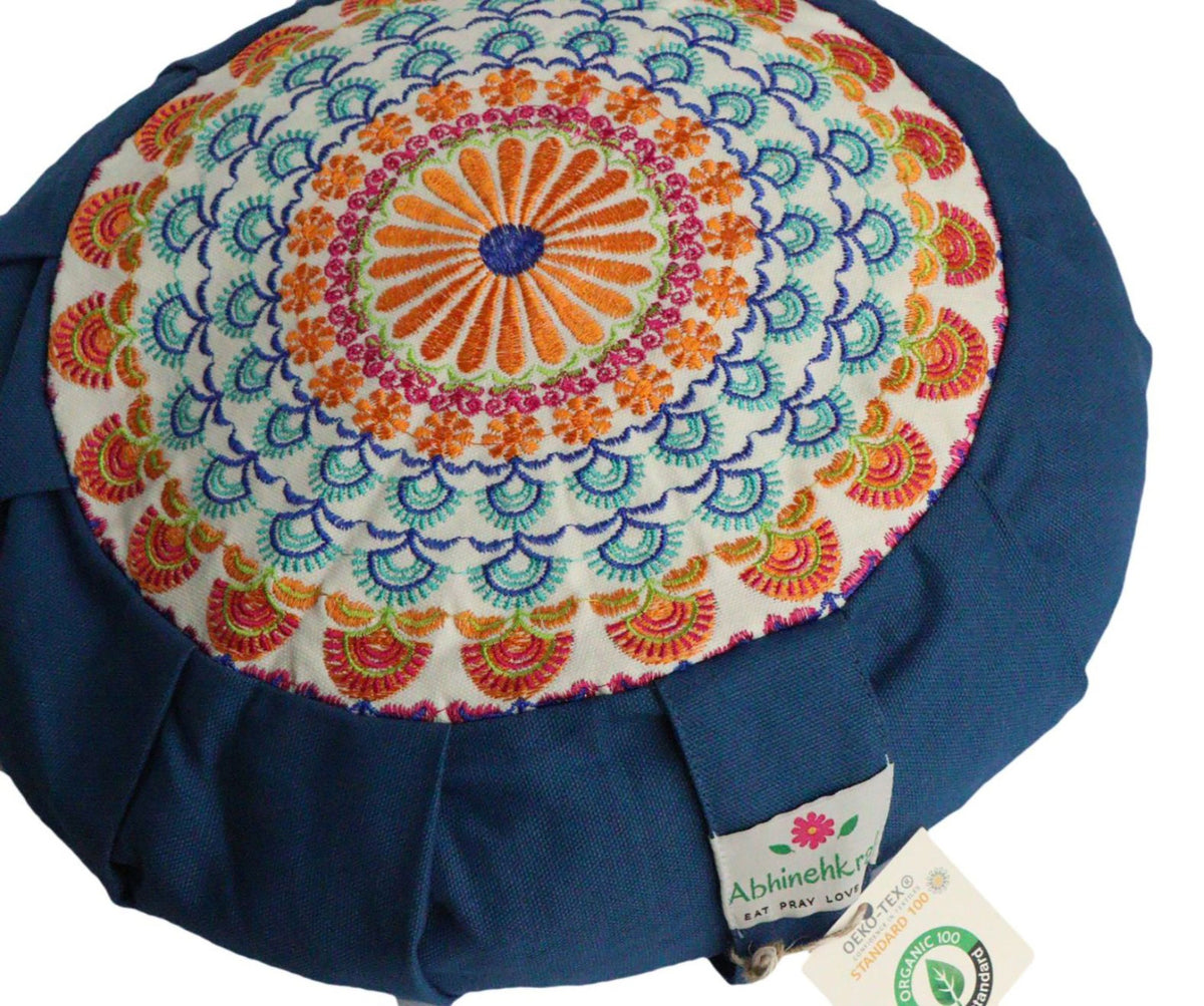 Embroidered Round Zafu Yoga Pillow |Zipped Cover |Washable| Portable - Steel Blue
