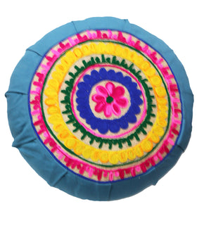 Jute Embroidered Round Zafu Yoga & Meditation Pillow, Couch Cushion, Throw Cushion |Zipped Cover |Washable| Portable - Turkish Blue