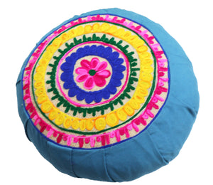Jute Embroidered Round Zafu Yoga & Meditation Pillow, Couch Cushion, Throw Cushion |Zipped Cover |Washable| Portable - Turkish Blue