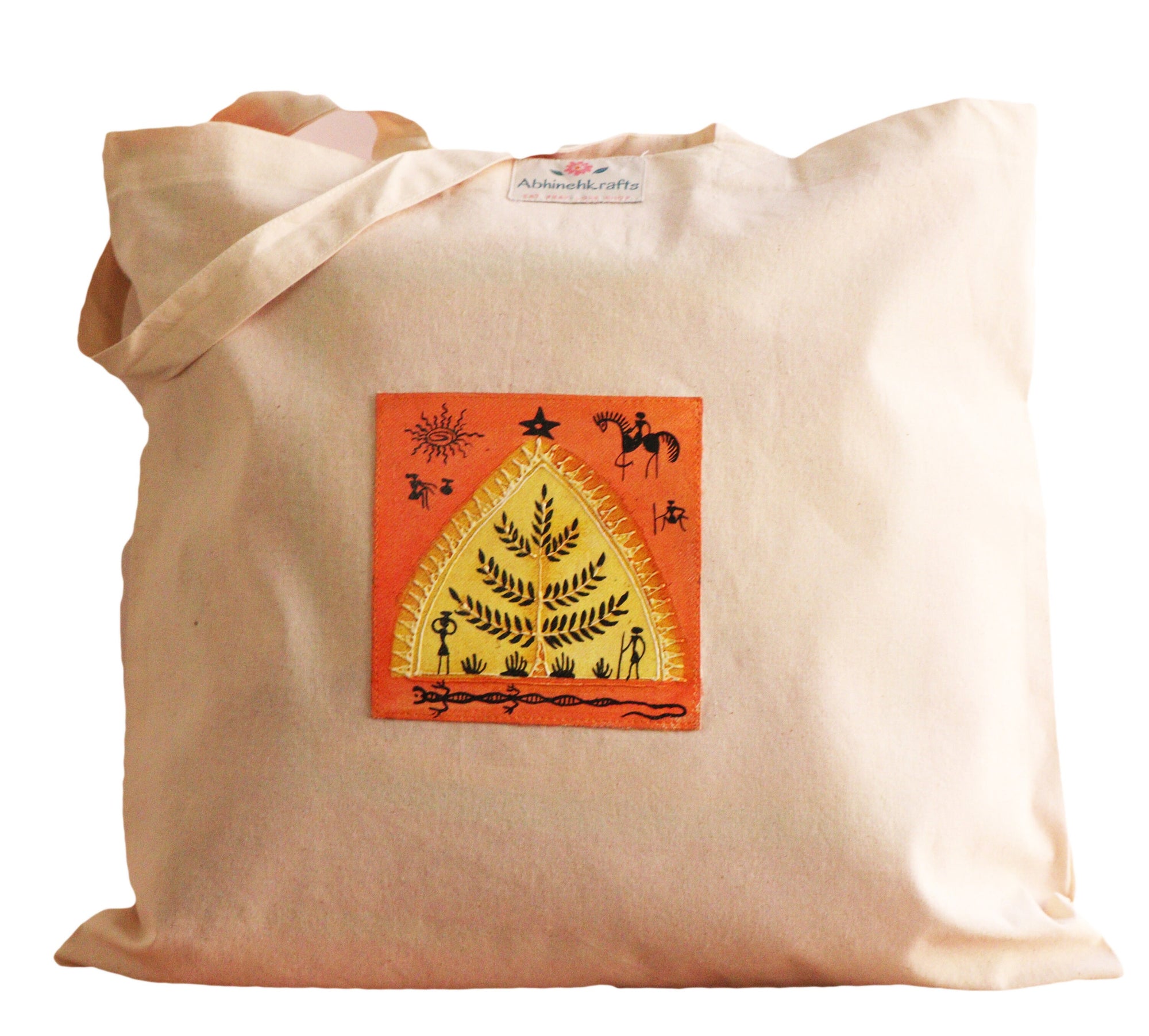 Organic Cotton Tote Bag with Handmade Tribal Art/ Folk Art