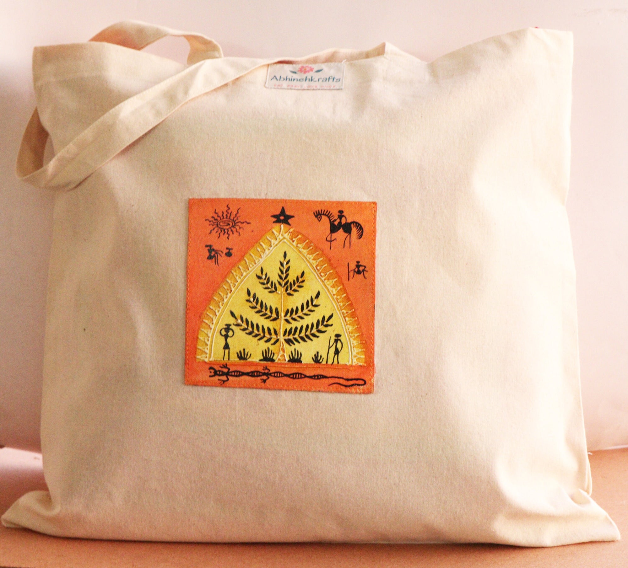 Organic Cotton Tote Bag with Handmade Tribal Art/ Folk Art