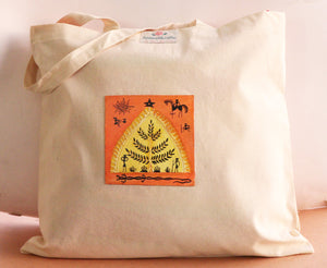 Organic Cotton Tote Bag with Handmade Tribal Art/ Folk Art