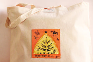 Organic Cotton Tote Bag with Handmade Tribal Art/ Folk Art