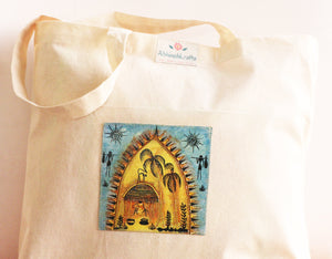 Organic Cotton Tote Bag with Handmade Tribal Art/ Folk Art