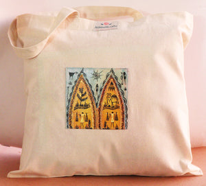 Organic Cotton Tote Bag with Handmade Tribal Art/ Folk Art