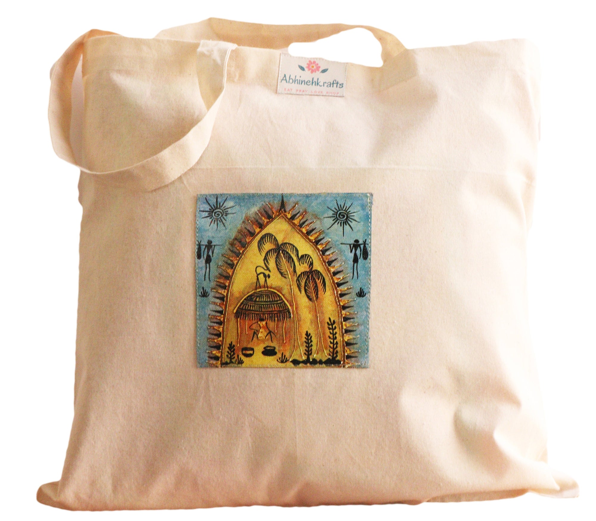 Organic Cotton Tote Bag with Handmade Tribal Art/ Folk Art