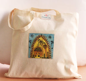 Organic Cotton Tote Bag with Handmade Tribal Art/ Folk Art