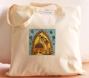 Organic Cotton Tote Bag with Handmade Tribal Art/ Folk Art