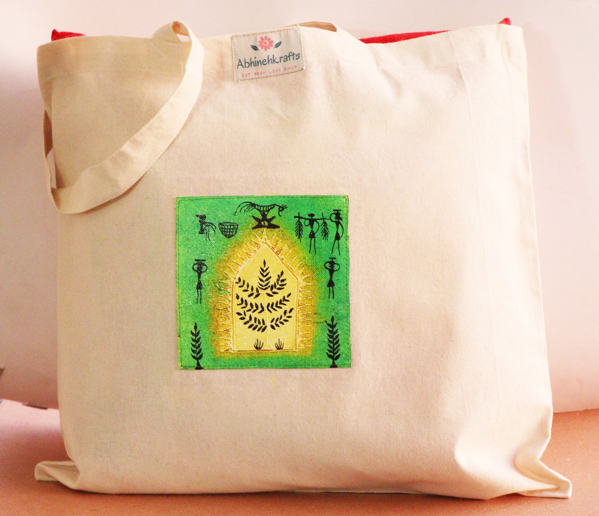 Organic Cotton Tote Bag with Handmade Tribal Art/ Folk Art