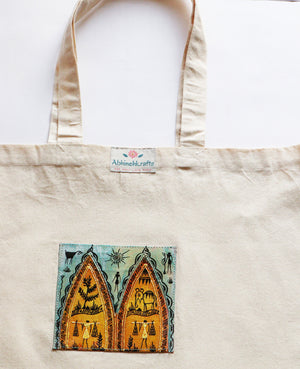 Organic Cotton Tote Bag with Handmade Tribal Art/ Folk Art