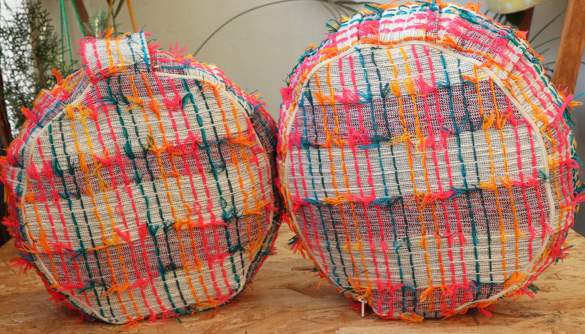 Yoga Meditation Cushion | Handwoven Handmade Round Zafu Pillow  |Zipped Cover |Washable| Portable - Rainbow - Filling Options Available