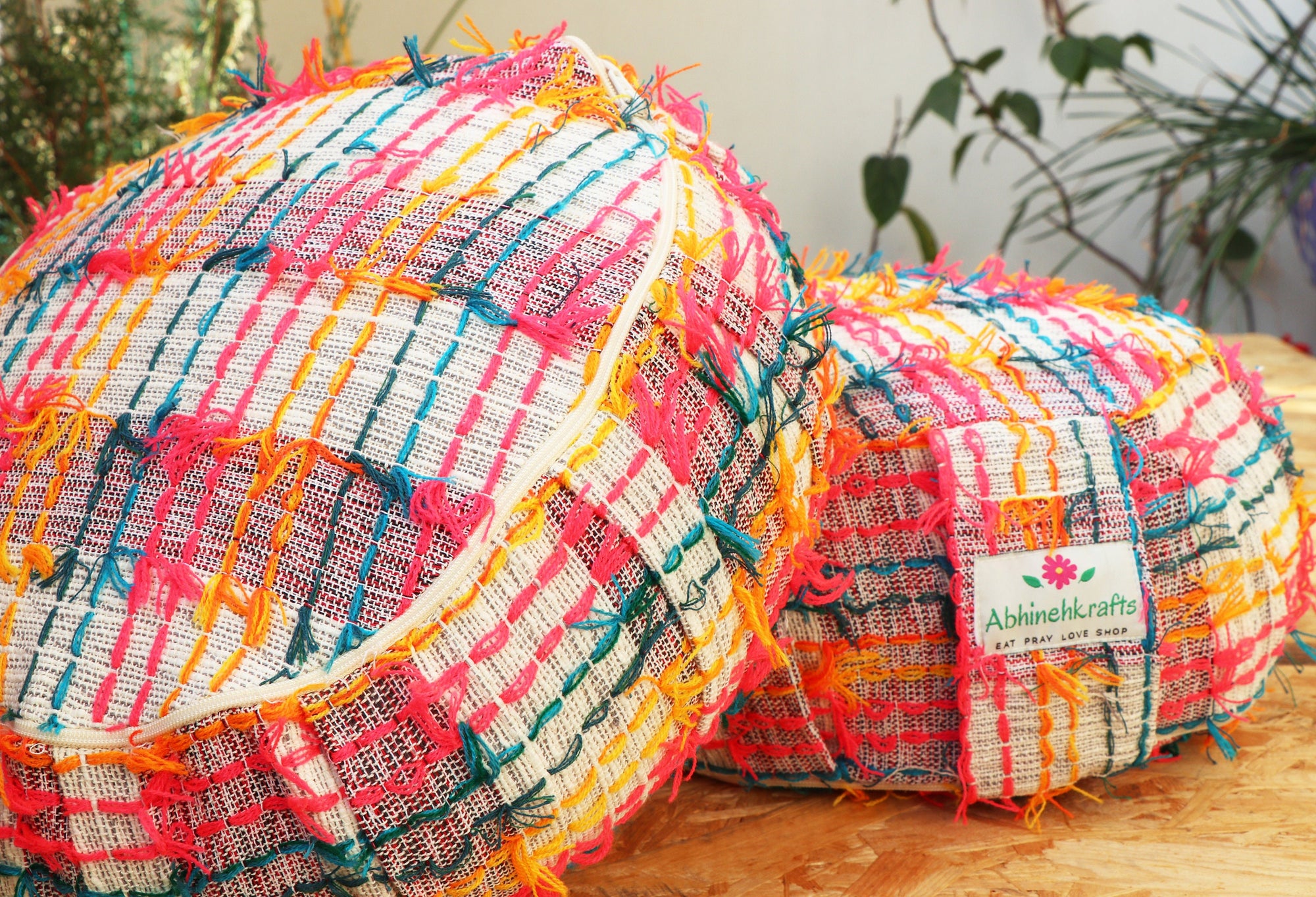 Yoga Meditation Cushion | Handwoven Handmade Round Zafu Pillow  |Zipped Cover |Washable| Portable - Rainbow - Filling Options Available