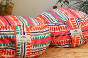 Yoga Meditation Cushion | Handwoven Handmade Round Zafu Pillow  |Zipped Cover |Washable| Portable - Carnival - Filling Options Available