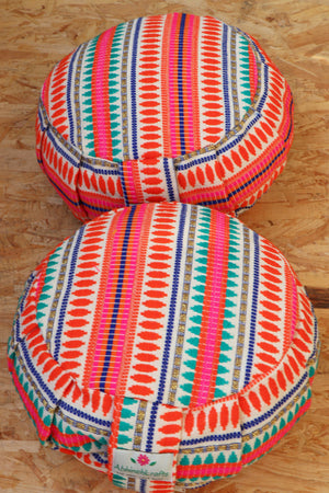 Yoga Meditation Cushion | Handwoven Handmade Round Zafu Pillow  |Zipped Cover |Washable| Portable - Carnival - Filling Options Available