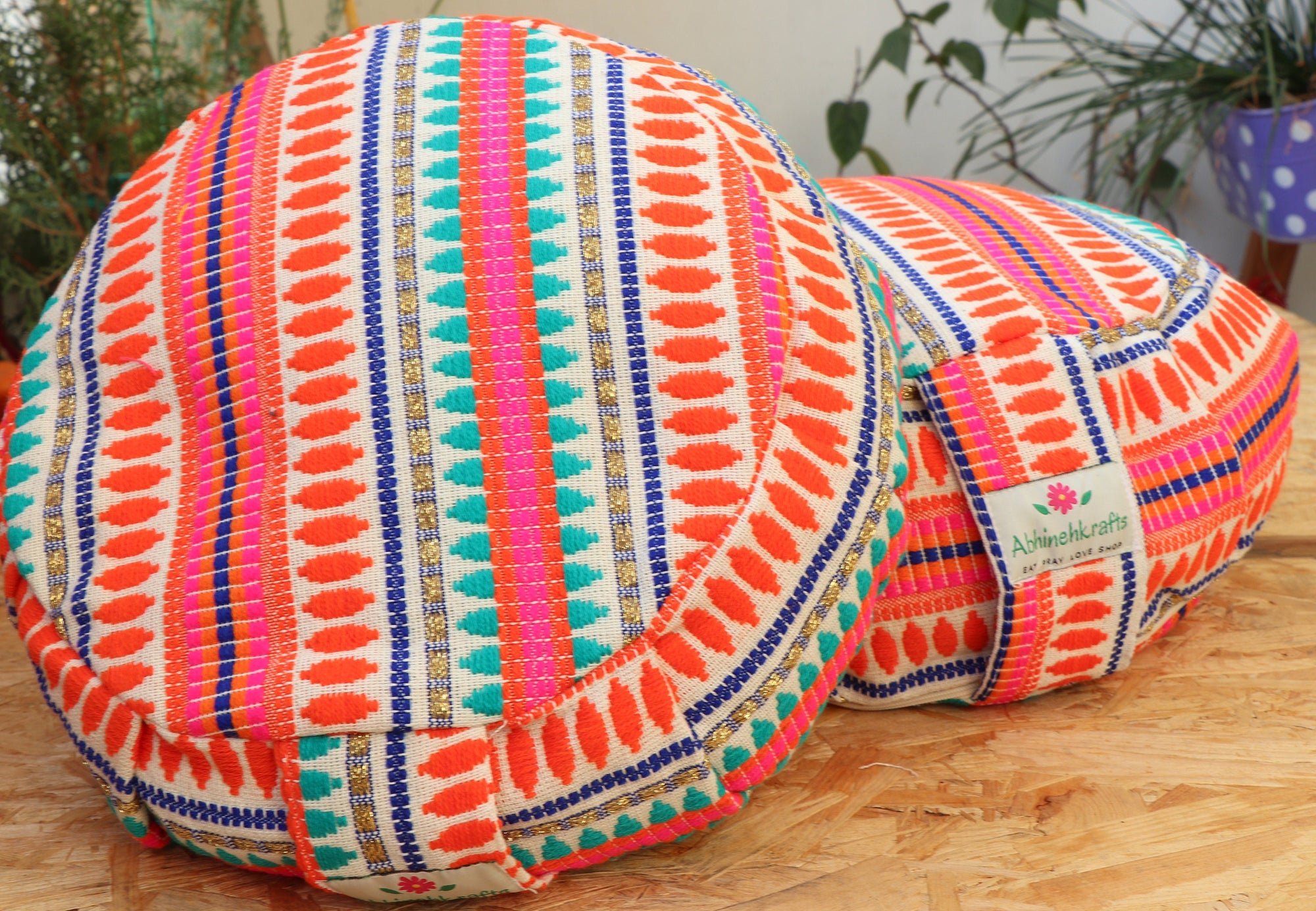 Yoga Meditation Cushion | Handwoven Handmade Round Zafu Pillow  |Zipped Cover |Washable| Portable - Carnival - Filling Options Available