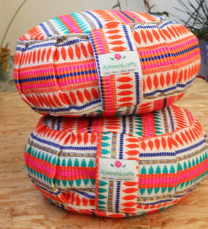 Yoga Meditation Cushion | Handwoven Handmade Round Zafu Pillow  |Zipped Cover |Washable| Portable - Carnival - Filling Options Available