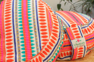 Yoga Meditation Cushion | Handwoven Handmade Round Zafu Pillow  |Zipped Cover |Washable| Portable - Carnival - Filling Options Available