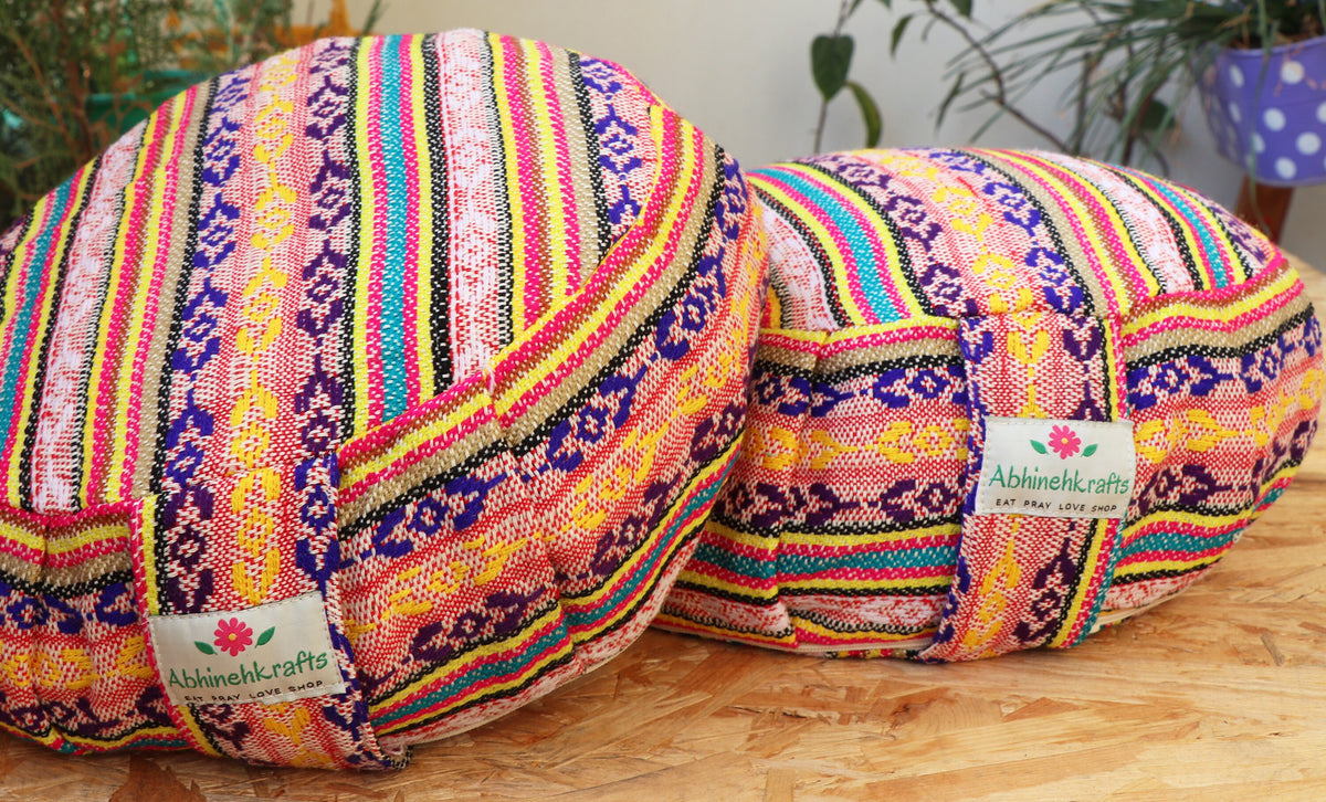Yoga Meditation Cushion | Handwoven Handmade Round Zafu Pillow  |Zipped Cover |Washable| Portable - Tibet - Filling Options Available