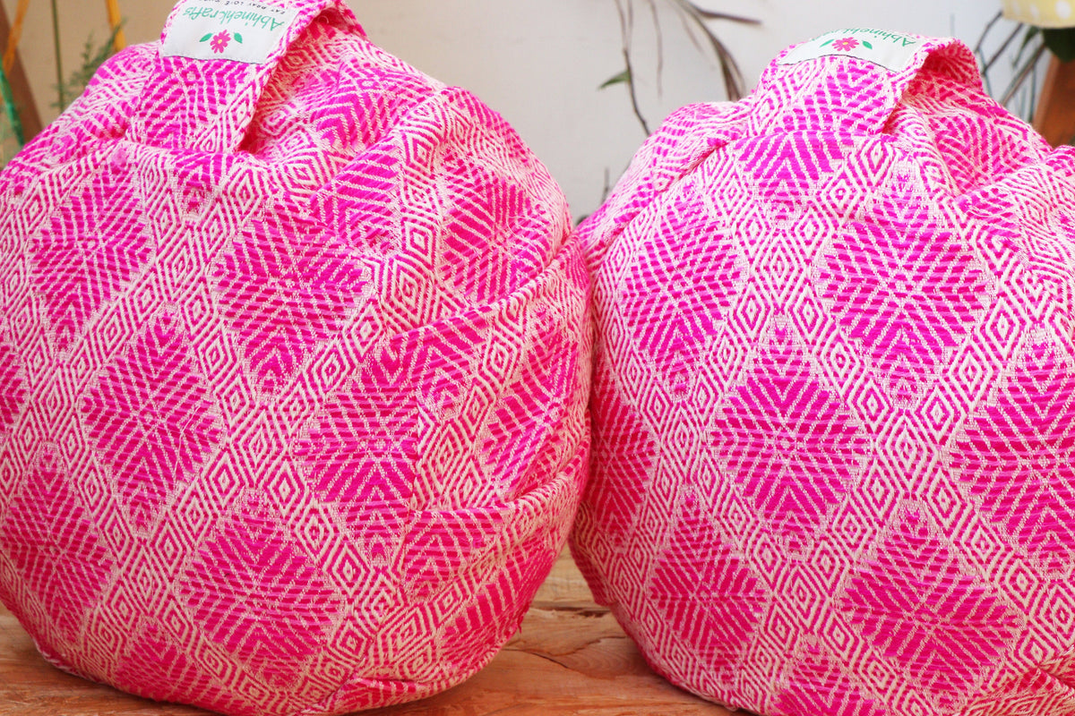Yoga Meditation Cushion | Handwoven Handmade Round Zafu Pillow  |Zipped Cover |Washable| Portable - Fuchsia Love - Filling Options Available