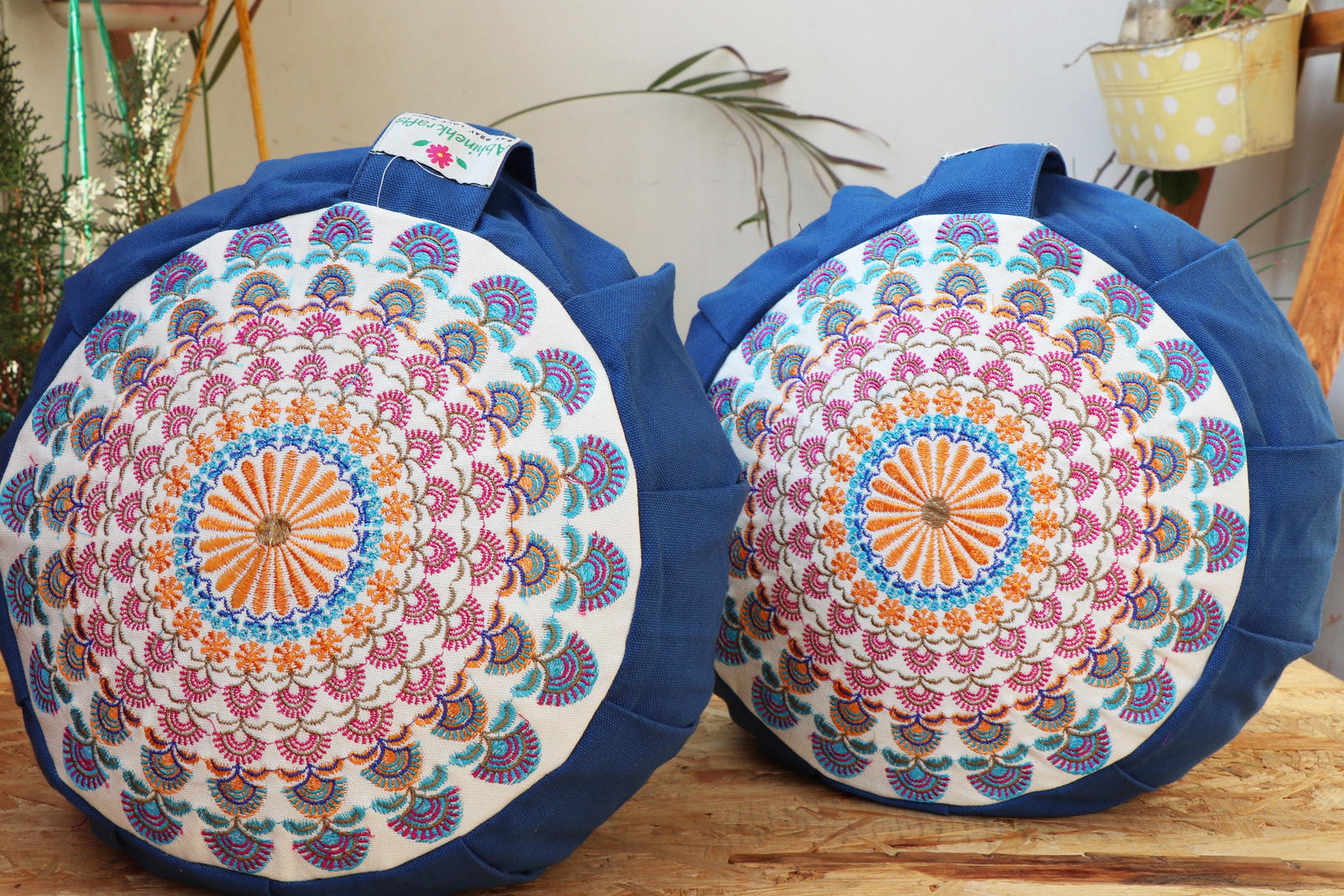 Embroidered Round Zafu Yoga Pillow |Zipped Cover |Washable| Portable - Large Size - Steel Blue & Teal Blue