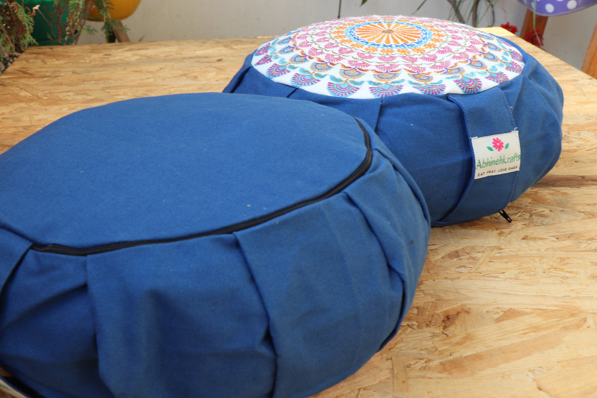 Embroidered Round Zafu Yoga Pillow |Zipped Cover |Washable| Portable - Large Size - Steel Blue & Teal Blue