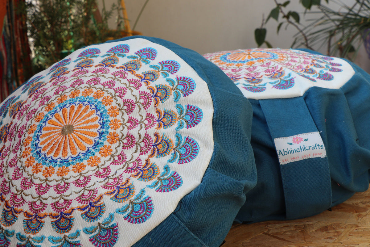 Embroidered Round Zafu Yoga Pillow |Zipped Cover |Washable| Portable - Large Size - Steel Blue & Teal Blue