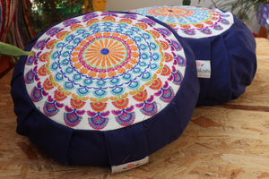 Embroidered Round Zafu Yoga Pillow |Zipped Cover |Washable| Portable - Parvati (Blue on Navy Blue) - Size and Filling Options Available