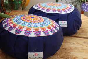 Embroidered Round Zafu Yoga Pillow |Zipped Cover |Washable| Portable - Parvati (Blue on Navy Blue) - Size and Filling Options Available