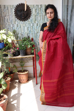 Saree - Cotton Handloom/Handwoven Tant - Sindoor Red - Sari/Indian Dress/Fabric Yard