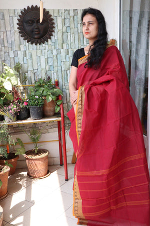 Saree - Cotton Handloom/Handwoven Tant - Sindoor Red - Sari/Indian Dress/Fabric Yard