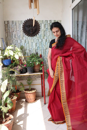 Saree - Cotton Handloom/Handwoven Tant - Sindoor Red - Sari/Indian Dress/Fabric Yard