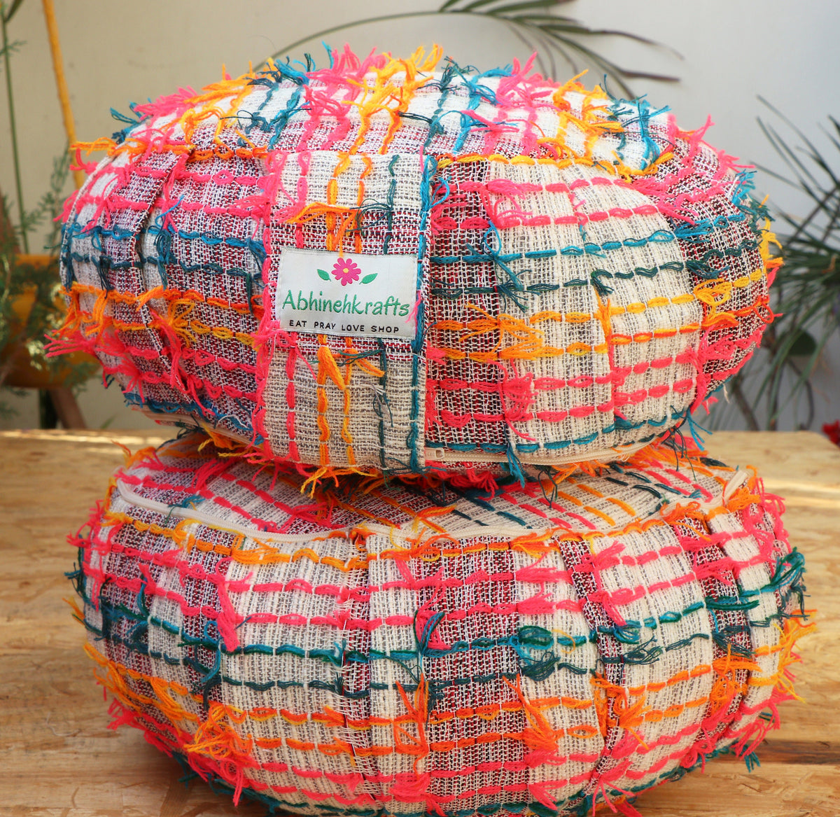 Yoga Meditation Cushion | Handwoven Handmade Round Zafu Pillow  |Zipped Cover |Washable| Portable - Rainbow - Filling Options Available